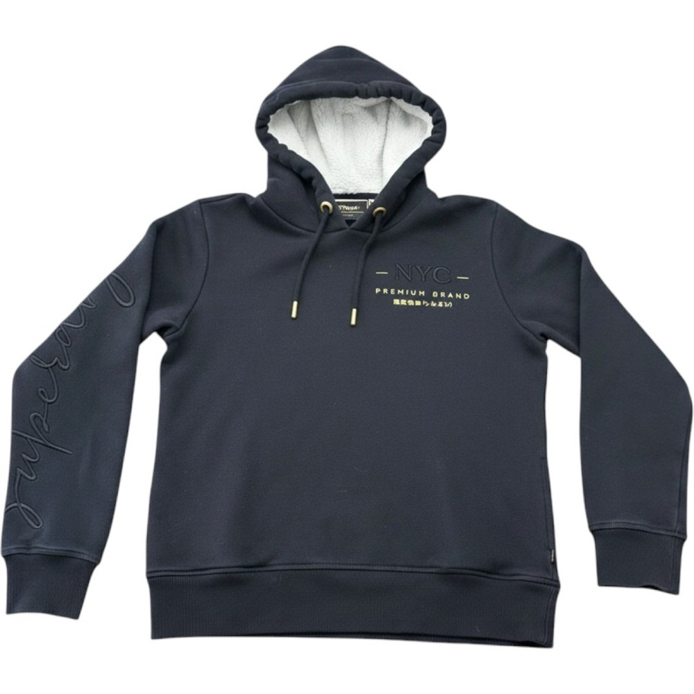 Superdry NYC Sherpa Lined Hoodie Black Fleece Pullover Sweatshirt Womens Sz 8 M
